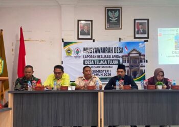Pemerintah Desa Telaga Tujuh Kecamatan Durai Melaksanakan Kegiatan Musyawarah Desa Laporan Realisasi APBDes Semester 1 Tahun 2026